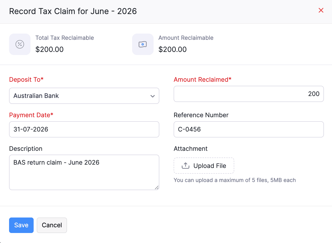 Record Tax Claim popup