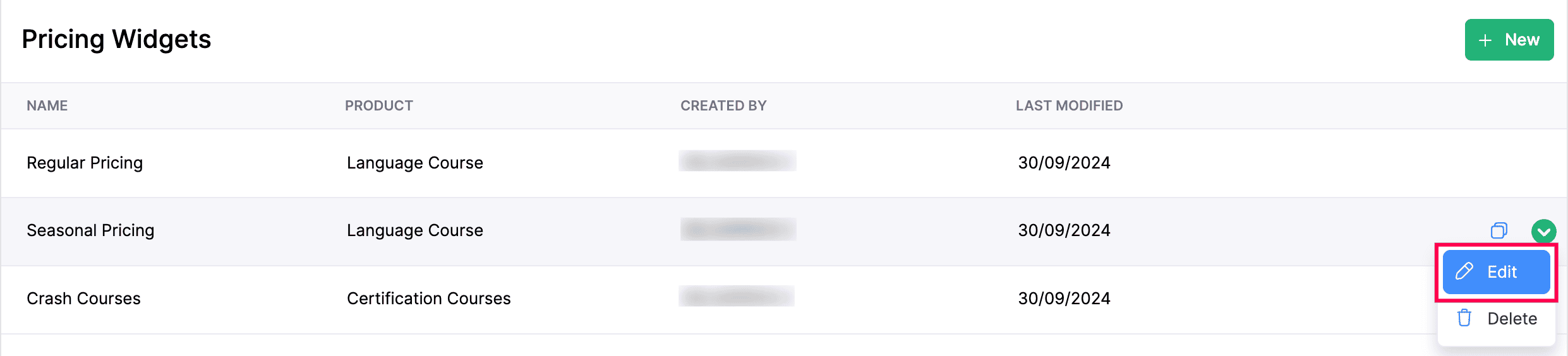 Edit Pricing Widget