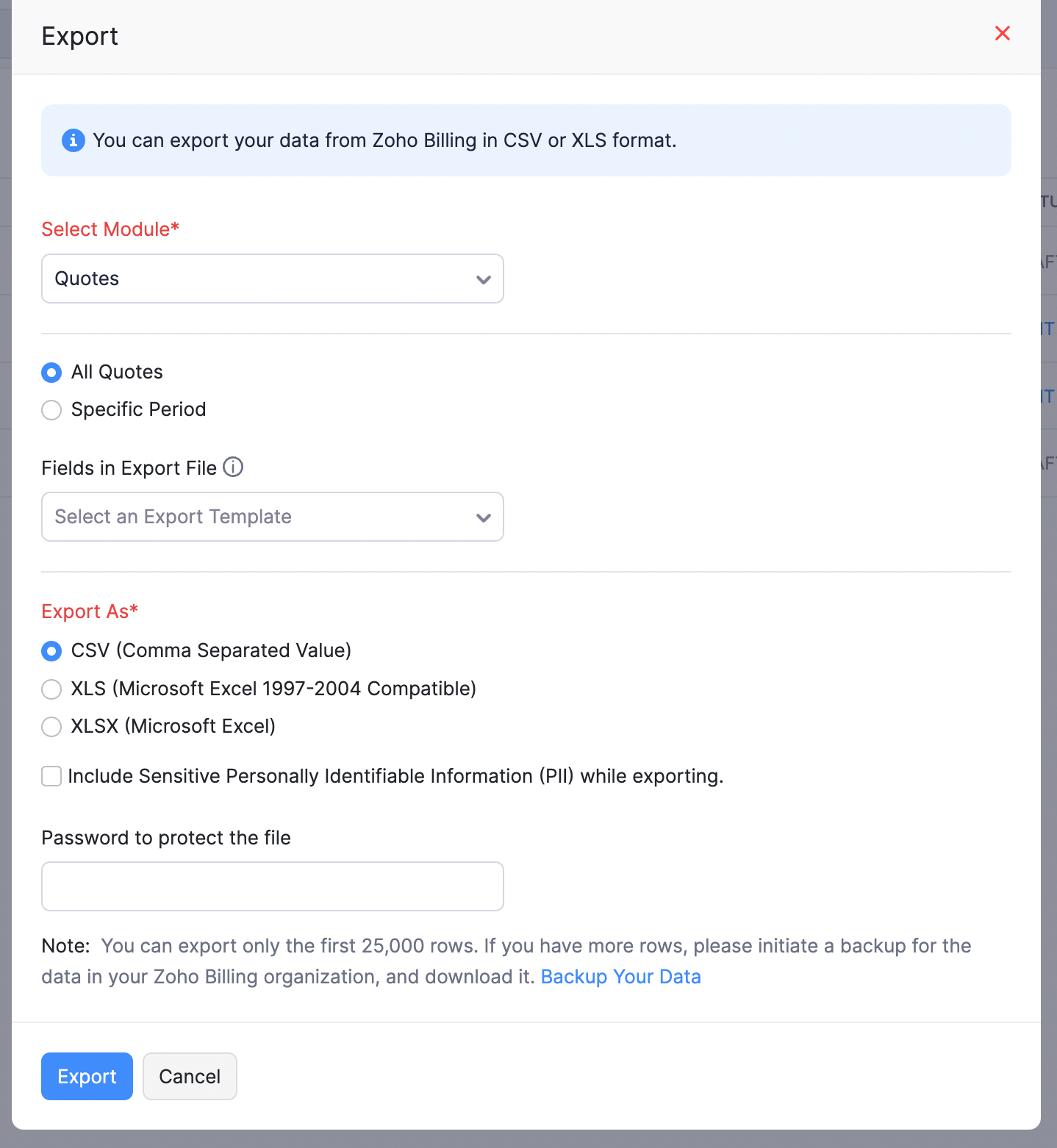 Quotes - Export Popup