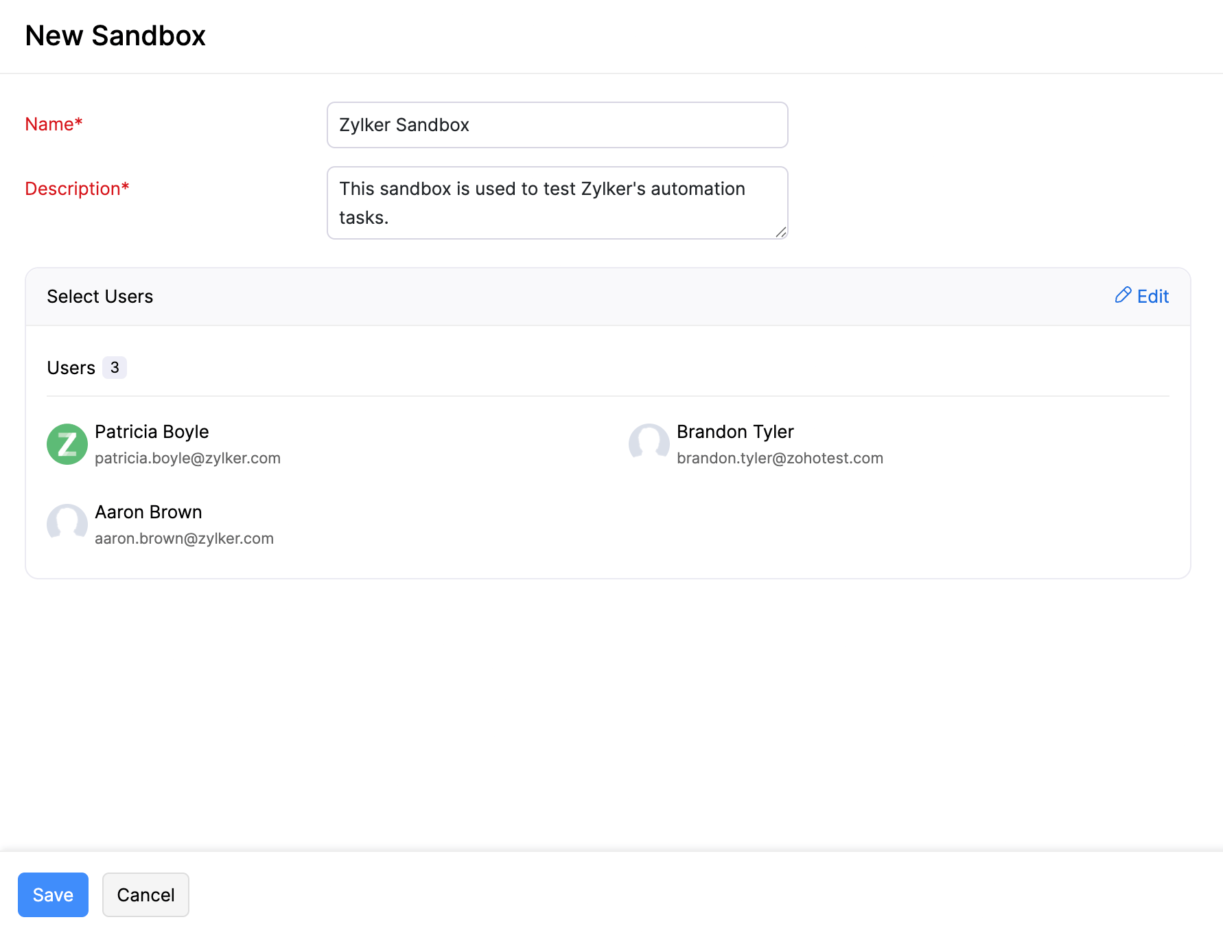 Die neue Sandbox-Seite. Geben Sie den Namen und die Beschreibung der Sandbox ein und wählen Sie die Benutzer aus, die darauf zugreifen können.