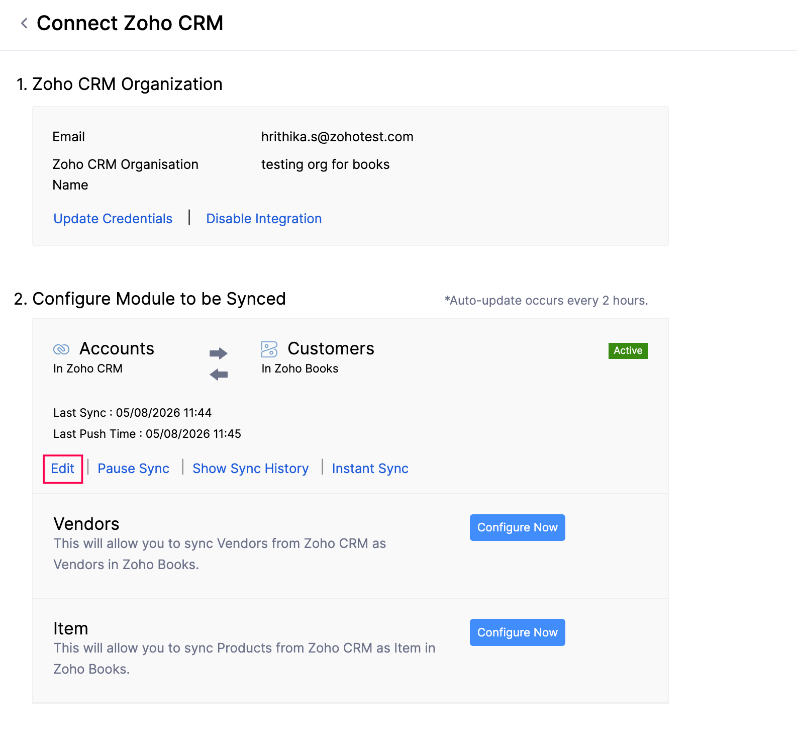 Zoho CRM integration with Books Edit option