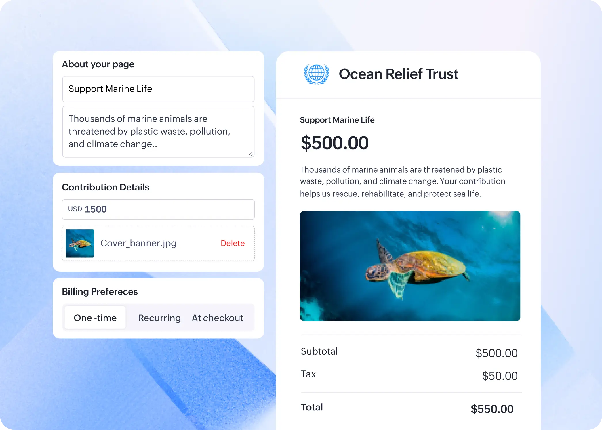 Checkout page builder showing page setup form and Ocean Relief Trust payment preview