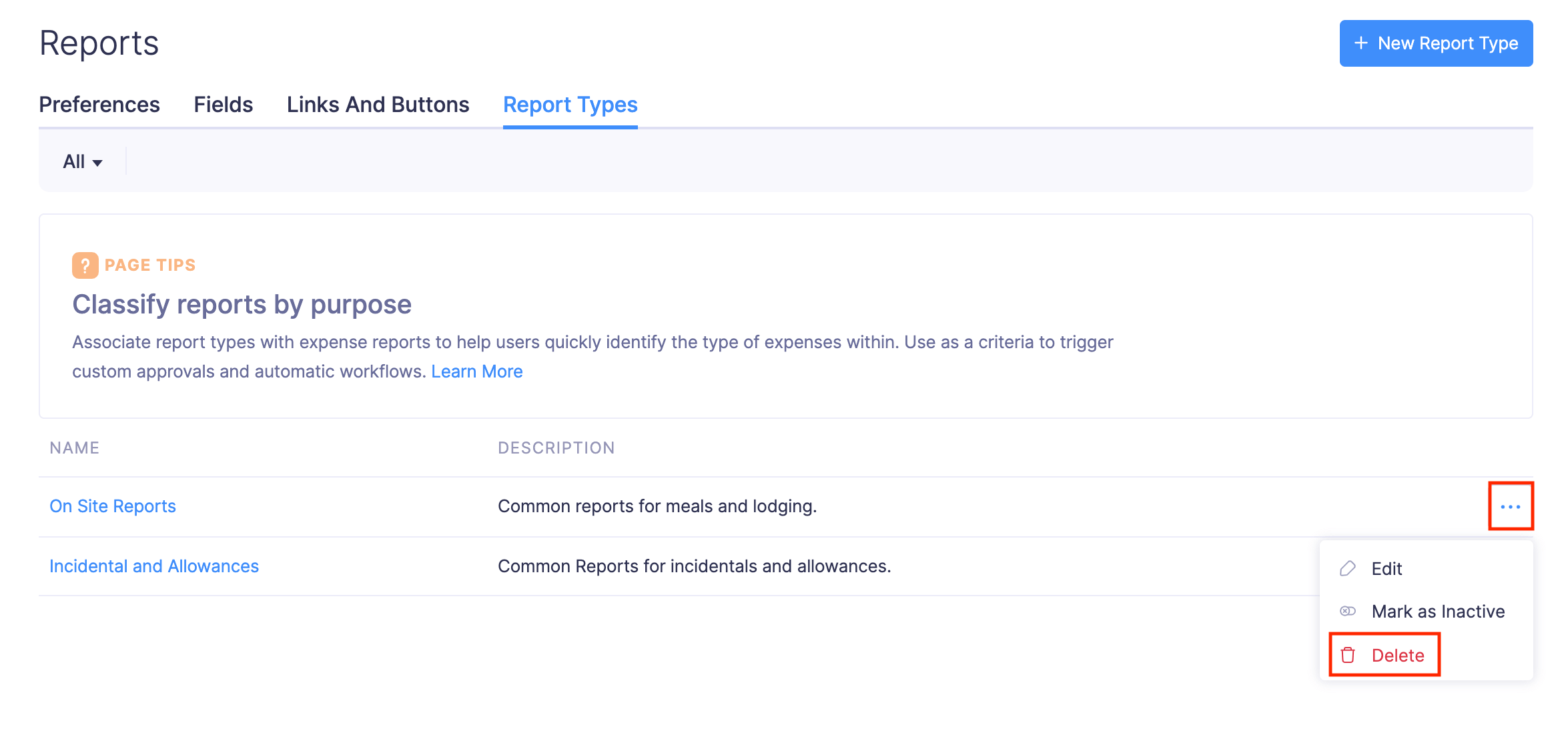 Delete Report Types