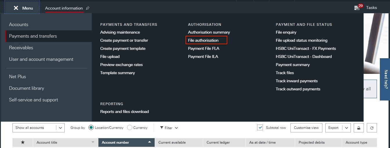 Authorise Payment in HSBCnet