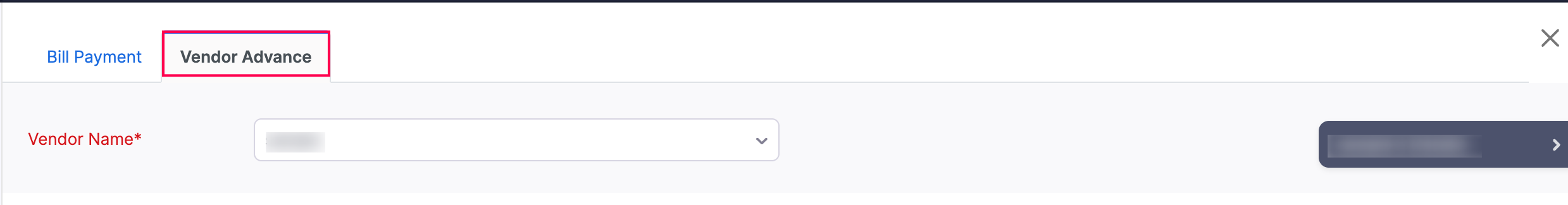 Vendor Advance Tab