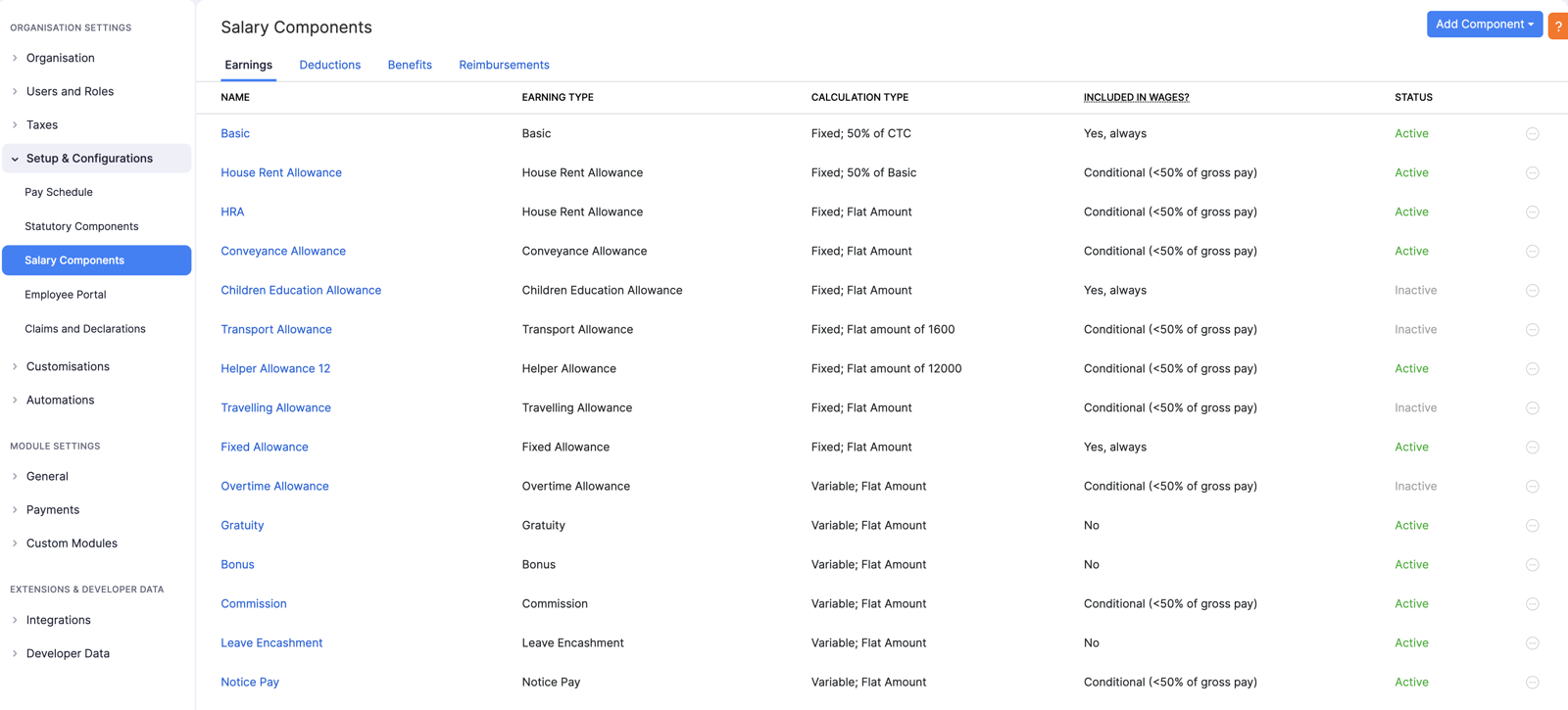 Salary Components with Included in Wages column