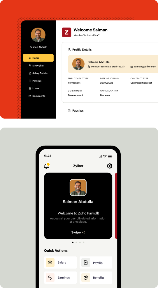 Employee portal mobile and web views of Zoho Payroll Bahrain