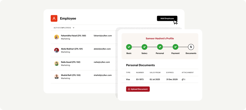 Screenshot of the employee module in Oman payroll software