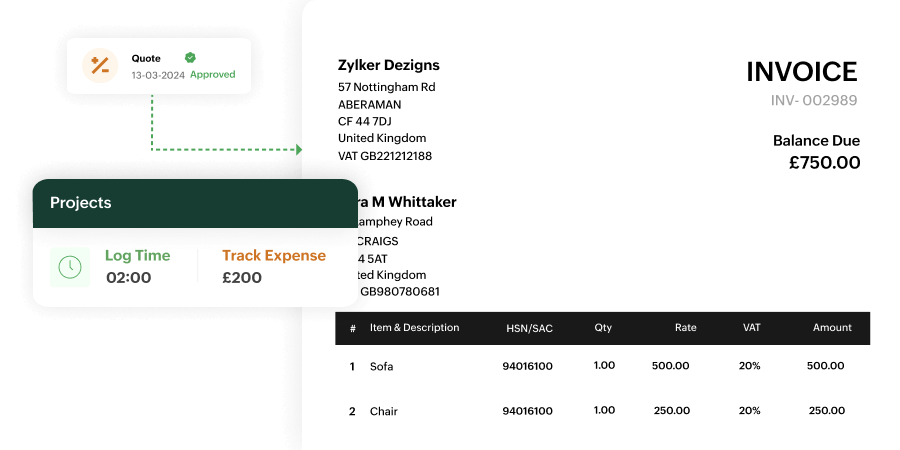 Zoho Billing interface displaying a detailed invoice with QR code for payment, itemized listing of sofa and chair with tax breakdown, and a project summary showing 2 hours of logged time and  tracked expense.