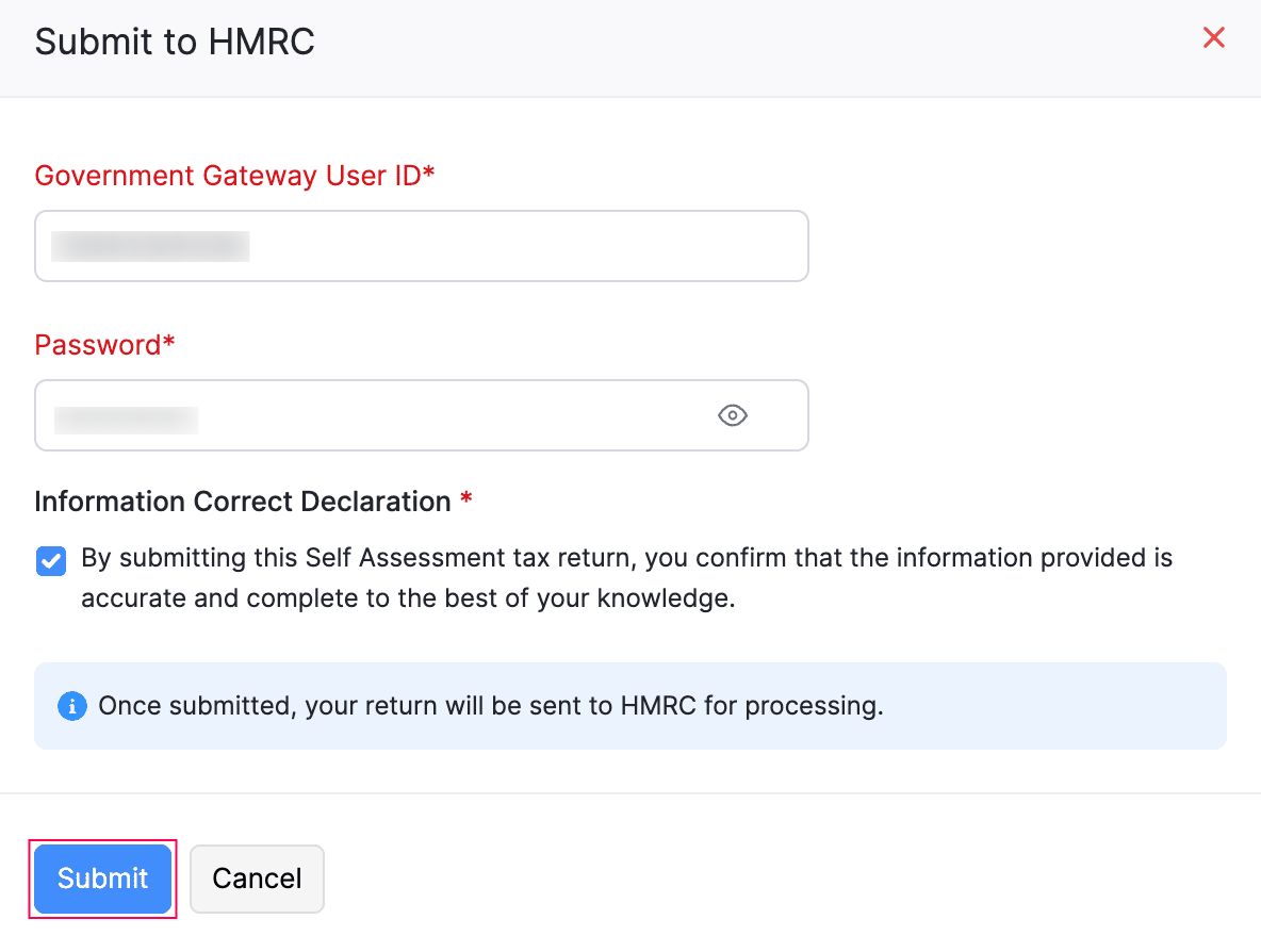 Submit to HMRC Pop-up